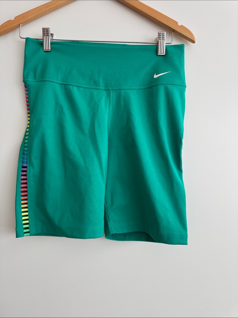 Nike Women’s Teal High-Rise Bike Shorts with Rainbow Stripe